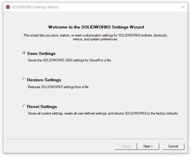 SOLIDWORKS Settings Wizard page 1.